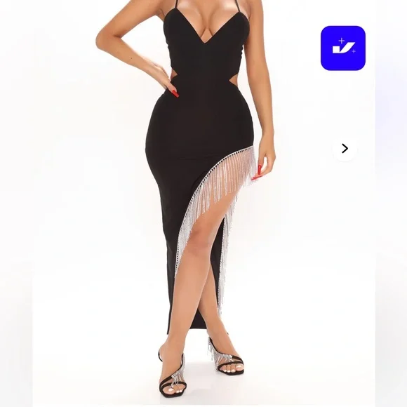 Fashion Nova Black Maxi Dress with Silver Fringe - Picture 1 of 3